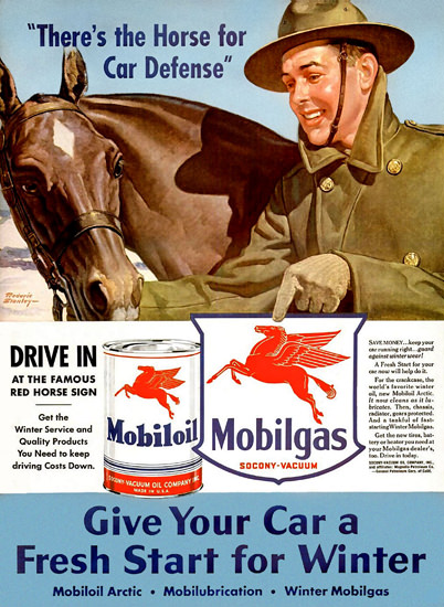 Mobilgas Mobiloil The Horse For Car Defense | Vintage War Propaganda Posters 1891-1970