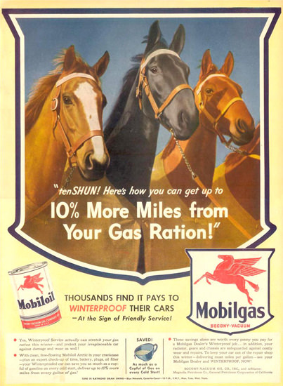 Mobiloil Mobilgas Three Horses 1943 | Vintage Ad and Cover Art 1891-1970