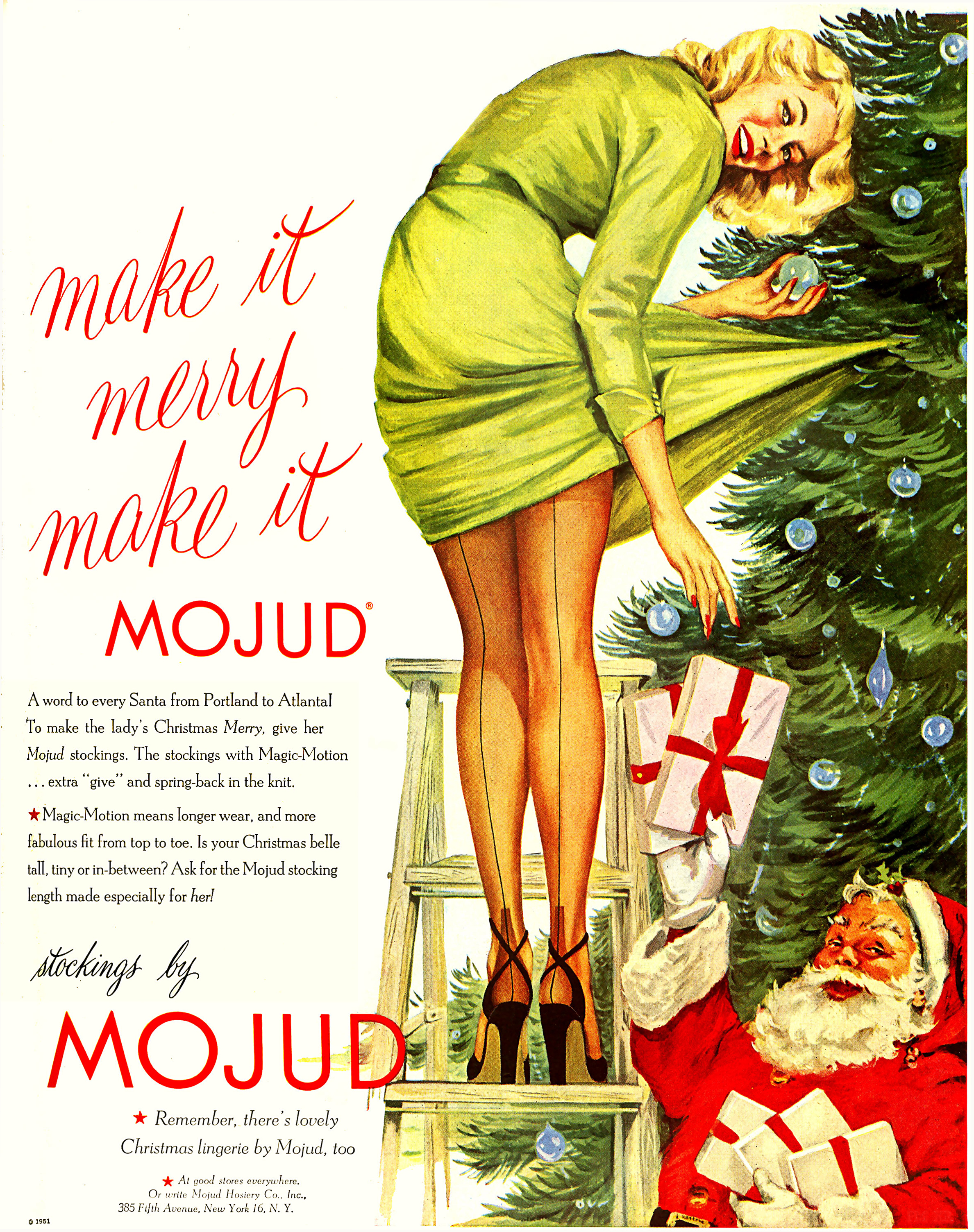 Mojud Stockings Christmas Girl In High Heels 1951 Mad Men Art Vintage Ad Art Collection