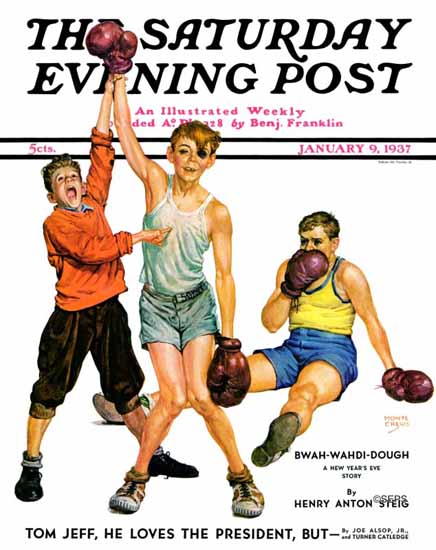 Monte Crews Saturday Evening Post Boxing Champ 1937_01_09 | The Saturday Evening Post Graphic Art Covers 1931-1969