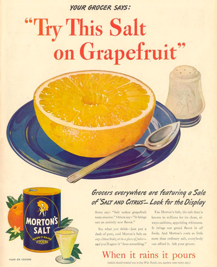 Morton Salt 1944 Try This Salt On Grapefruit | Vintage Ad and Cover Art 1891-1970