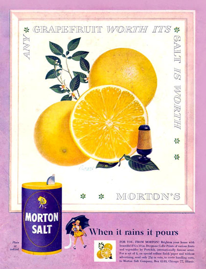 Morton Salt Grapefruit Is Worth 1954 | Vintage Ad and Cover Art 1891-1970