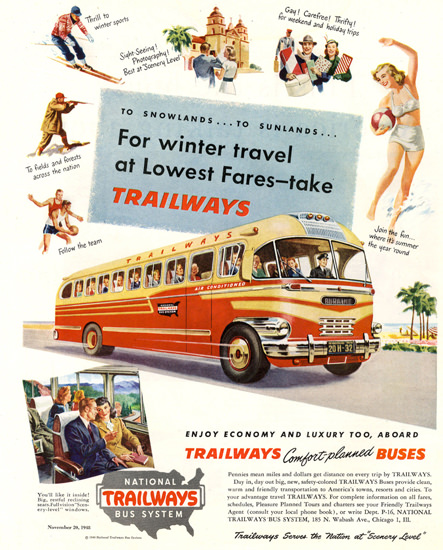 National Trailways Bus System Winter 1948 | Vintage Travel Posters 1891-1970