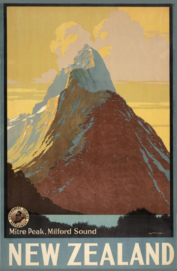 New Zealand Mitre Peak Milford Sound 1930s | Vintage Travel Posters 1891-1970