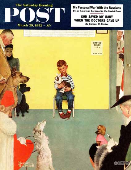 Norman Rockwell Saturday Evening Post At the Vet 1952_03_29 | The Saturday Evening Post Graphic Art Covers 1931-1969