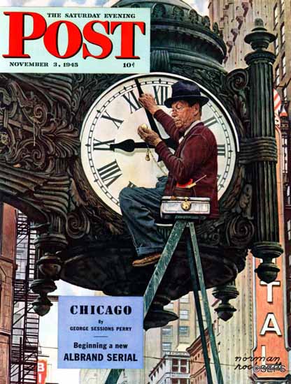 Norman Rockwell Saturday Evening Post Clock Repairman 1945_11_03 | The Saturday Evening Post Graphic Art Covers 1931-1969