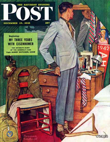 Norman Rockwell Saturday Evening Post Imperfect Fit 1945_12_15 | The Saturday Evening Post Graphic Art Covers 1931-1969