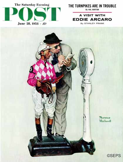 Norman Rockwell Saturday Evening Post Jockey Weighing In 1958_06_28 | The Saturday Evening Post Graphic Art Covers 1931-1969