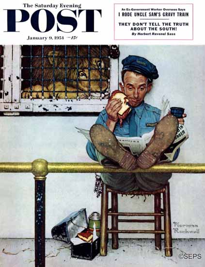 Norman Rockwell Saturday Evening Post Lion and His Keeper 1954_01_09 | The Saturday Evening Post Graphic Art Covers 1931-1969