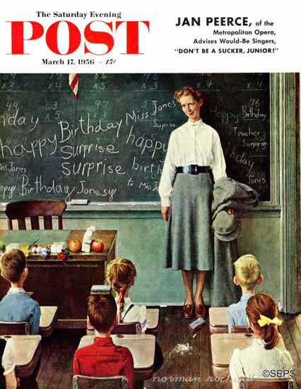 Norman Rockwell Saturday Evening Post Miss Jones Birthday 1956_03_17 | The Saturday Evening Post Graphic Art Covers 1931-1969