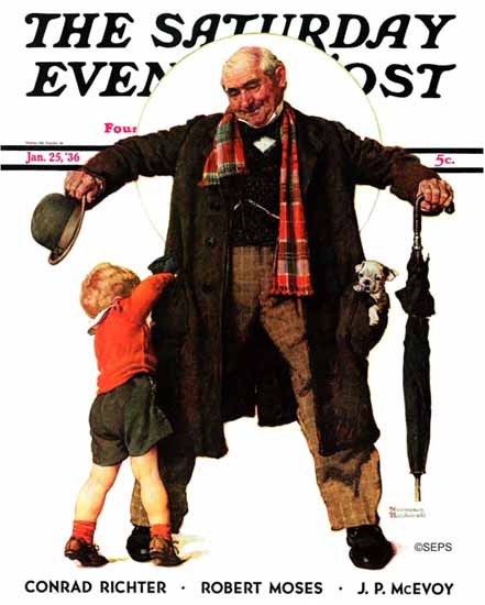 Norman Rockwell Saturday Evening Post Puppy in the Pocket 1936_01_25 | The Saturday Evening Post Graphic Art Covers 1931-1969