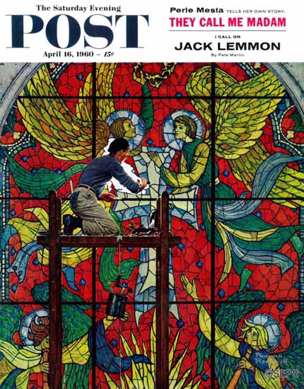 Norman Rockwell Saturday Evening Post Stained Glass Repair 1960_04_16 | The Saturday Evening Post Graphic Art Covers 1931-1969