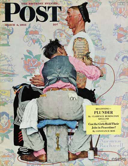 Norman Rockwell Saturday Evening Post Tattoo Artist 1944_03_04 | The Saturday Evening Post Graphic Art Covers 1931-1969