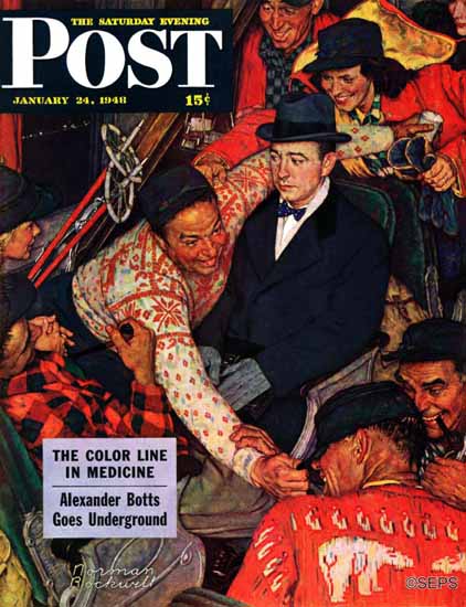 Norman Rockwell Saturday Evening Post Trip on a Ski Train 1948_01_24 | The Saturday Evening Post Graphic Art Covers 1931-1969