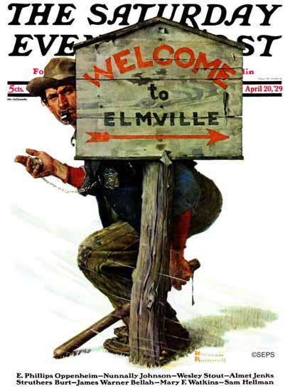 Norman Rockwell Saturday Evening Post Welcome to Elmville 1929_04_20 | The Saturday Evening Post Graphic Art Covers 1892-1930