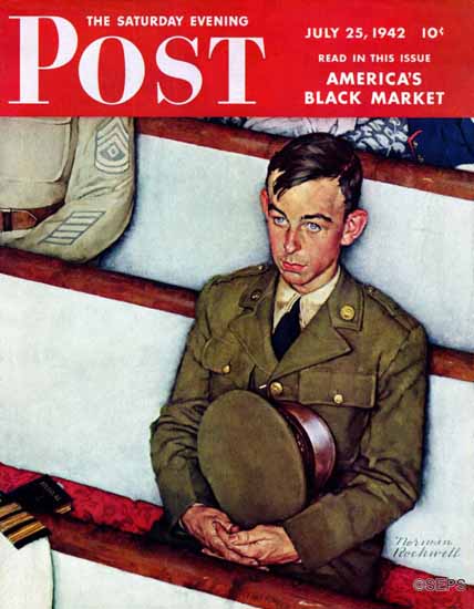 Norman Rockwell Saturday Evening Post Willie Gillis in Church 1942_07_25 | The Saturday Evening Post Graphic Art Covers 1931-1969