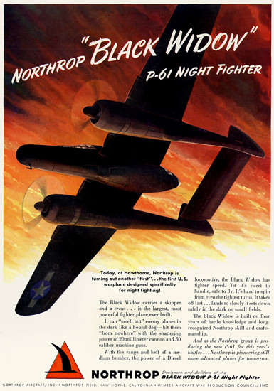 Northrop Black Widow P-61 Night Fighter 1944 | Vintage War Propaganda Posters 1891-1970