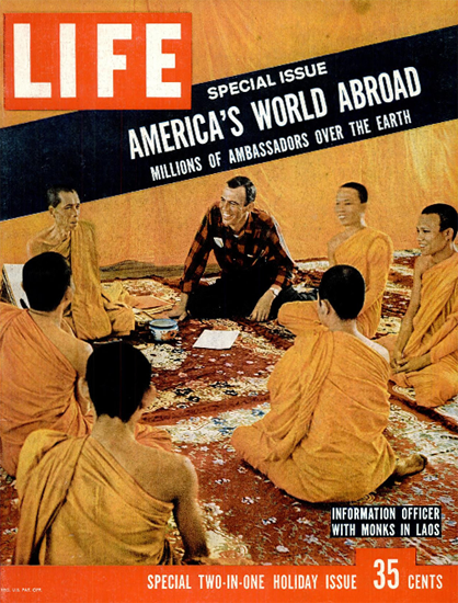 Officer with Monks in Laos 23 Dec 1957 Copyright Life Magazine | Life Magazine Color Photo Covers 1937-1970