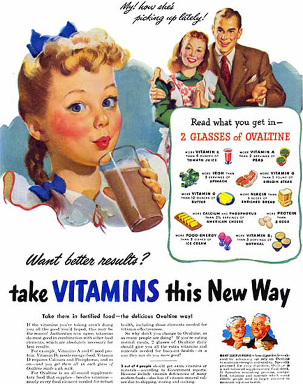 Ovaltine Girl Take Vitamins This New Way | Vintage Ad and Cover Art 1891-1970