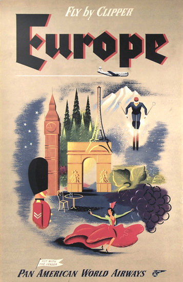 Pan American Airways Europe By Clipper 1950s | Vintage Travel Posters 1891-1970