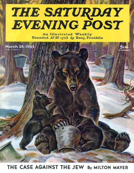 Paul Bransom Saturday Evening Post Bears on Maple Syrup 1942_03_28 | The Saturday Evening Post Graphic Art Covers 1931-1969