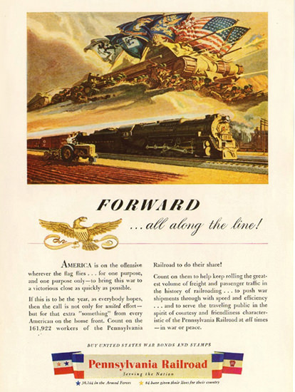 Pennsylvania Railroad Forward Along Line 1944 | Vintage War Propaganda Posters 1891-1970