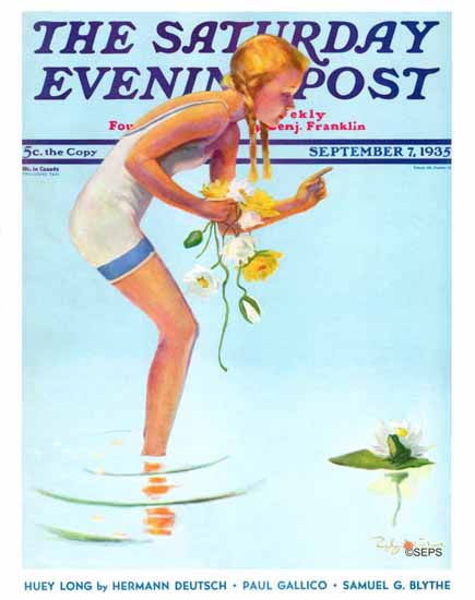 Penrhyn Stanlaws Saturday Evening Post Girl and Water Lilies 1935_09_07 | The Saturday Evening Post Graphic Art Covers 1931-1969