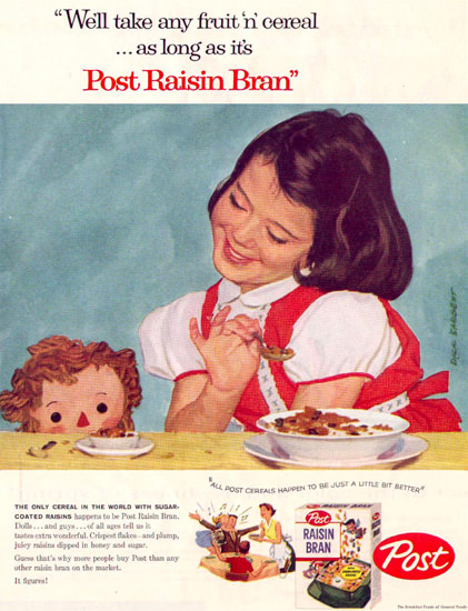 Post Raisin Bran Girl With Doll 1957 | Vintage Ad and Cover Art 1891-1970