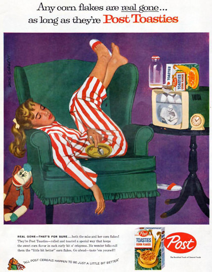 Post Toasties Sleeping TV Girl 1957 | Vintage Ad and Cover Art 1891-1970