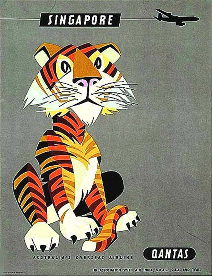 Qantas Airlines Singapore Tiger 1965 | Vintage Travel Posters 1891-1970