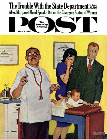 Richard Sargent Saturday Evening Post Babys First Shot 1962_03_03 | The Saturday Evening Post Graphic Art Covers 1931-1969