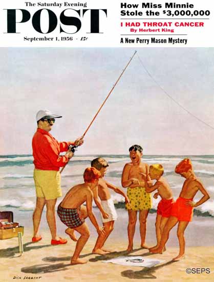 Richard Sargent Saturday Evening Post Big Pole Little Fish 1956_09_01 | The Saturday Evening Post Graphic Art Covers 1931-1969