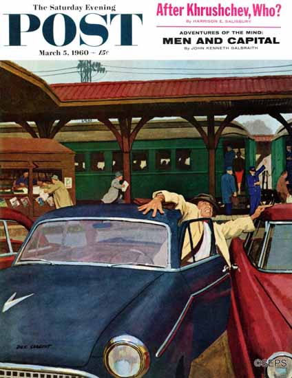 Richard Sargent Saturday Evening Post Cramped Parking 1960_03_05 | The Saturday Evening Post Graphic Art Covers 1931-1969