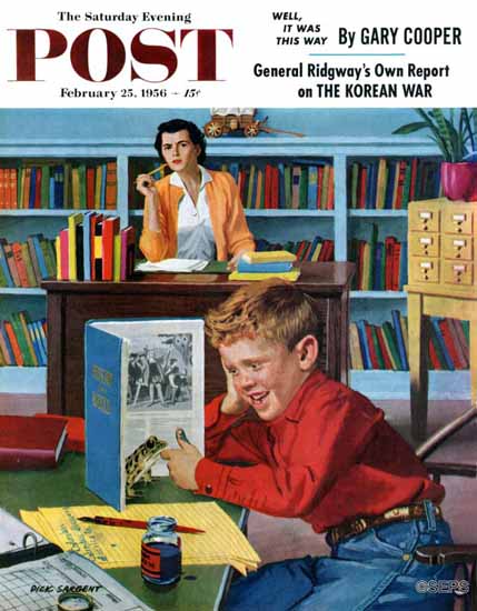 Richard Sargent Saturday Evening Post Frog in the Library 1956_02_25 | The Saturday Evening Post Graphic Art Covers 1931-1969