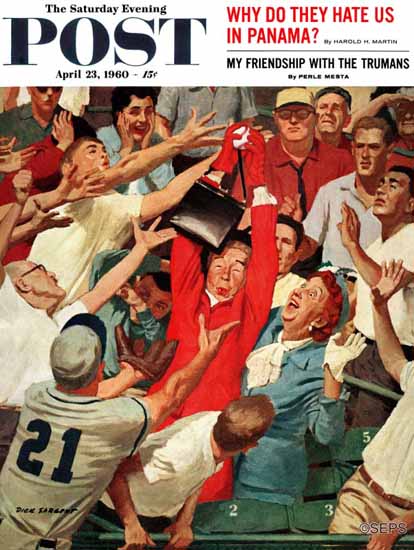 Richard Sargent Saturday Evening Post Grandmas Fly-Ball 1960_04_23 | The Saturday Evening Post Graphic Art Covers 1931-1969