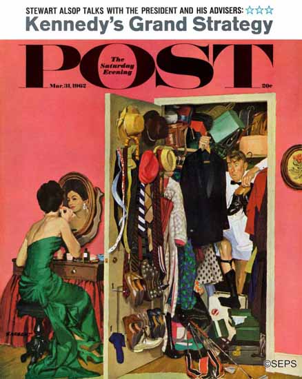 Richard Sargent Saturday Evening Post Hunting Tux for Party 1962_03_31 | The Saturday Evening Post Graphic Art Covers 1931-1969