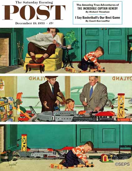 Richard Sargent Saturday Evening Post New Toy Train 1953_12_19 | The Saturday Evening Post Graphic Art Covers 1931-1969