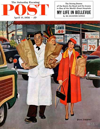 Richard Sargent Saturday Evening Post Sack Full of Trouble 1956_04_14 | The Saturday Evening Post Graphic Art Covers 1931-1969