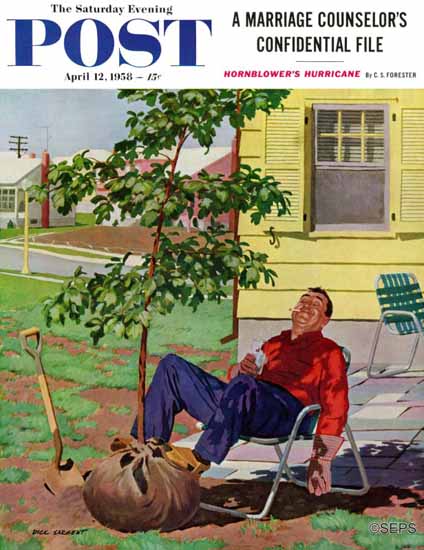 Richard Sargent Saturday Evening Post Shade Tree 1958_04_12 | The Saturday Evening Post Graphic Art Covers 1931-1969