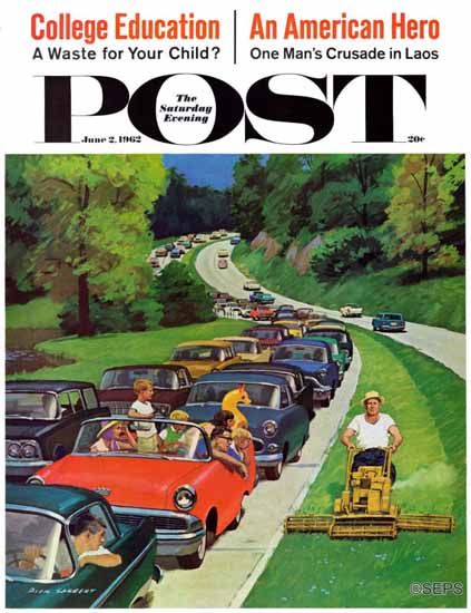 Richard Sargent Saturday Evening Post Speeder on Median 1962_06_02 | The Saturday Evening Post Graphic Art Covers 1931-1969