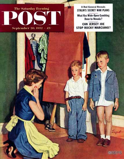 Richard Sargent Saturday Evening Post Suiting Her Sons 1952_09_20 | The Saturday Evening Post Graphic Art Covers 1931-1969