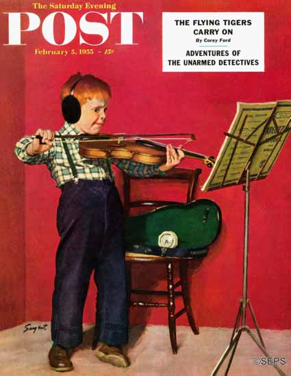 Richard Sargent Saturday Evening Post Violin Practice 1955_02_05 | The Saturday Evening Post Graphic Art Covers 1931-1969