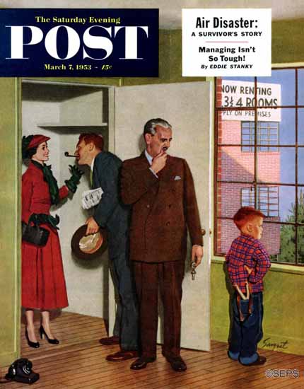 Richard Sargent Saturday Evening Post Worried Rental Agent 1953_03_07 | The Saturday Evening Post Graphic Art Covers 1931-1969