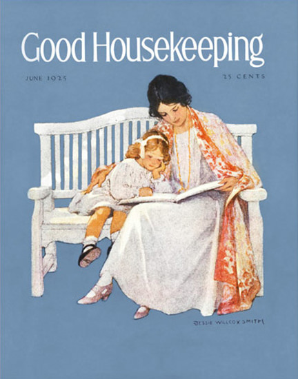 Roaring 1920s Good Housekeeping Copyright 1925 Mother Child Bench | Roaring 1920s Ad Art and Magazine Cover Art