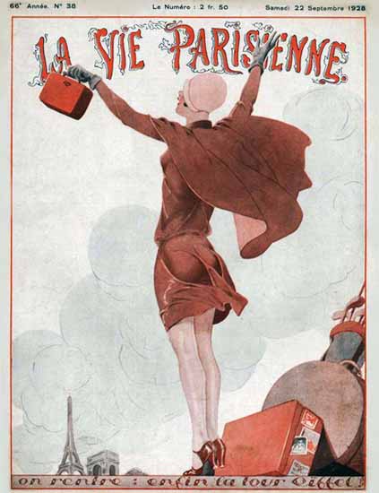 Roaring 1920s La Vie Parisienne 1928 Enfin La Tour Eiffel | Roaring 1920s Ad Art and Magazine Cover Art