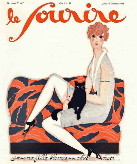 Roaring 1920s Le Sourire 1928 Blonde Au Chat Noire | Roaring 1920s Ad Art and Magazine Cover Art