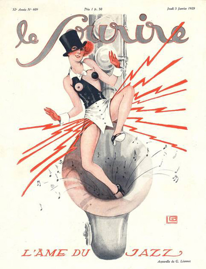 Roaring 1920s Le Sourire Magazine 1929 L Ame Du Jazz Sax | Roaring 1920s Ad Art and Magazine Cover Art