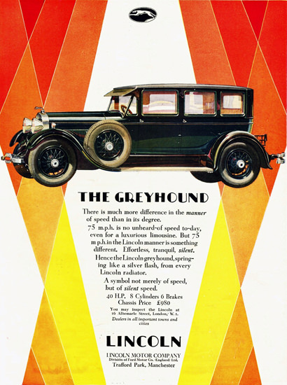 Roaring 1920s Lincoln Motor Co Greyhound Limousine 1928 | Roaring 1920s Ad Art and Magazine Cover Art