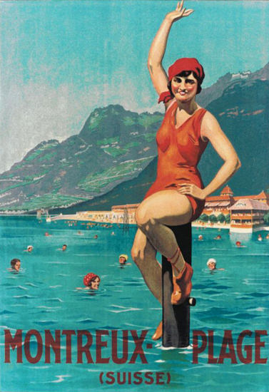 Roaring 1920s Montreux Plage Suisse Switzerland 1920s Lido | Roaring 1920s Ad Art and Magazine Cover Art