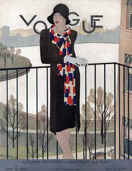 Roaring 1920s Pierre Mourgue Vogue Cover 1928-09-15 Copyright | Roaring 1920s Ad Art and Magazine Cover Art